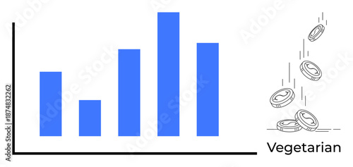 Financial growth, business analytics, economic trends, data visualization, investment, consumer economy. Bar graph in blue, falling coins Vegetarian text. Financial growth and business analytics