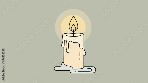 Minimalist illustration of a single lit candle with a warm glow on a light gray background
