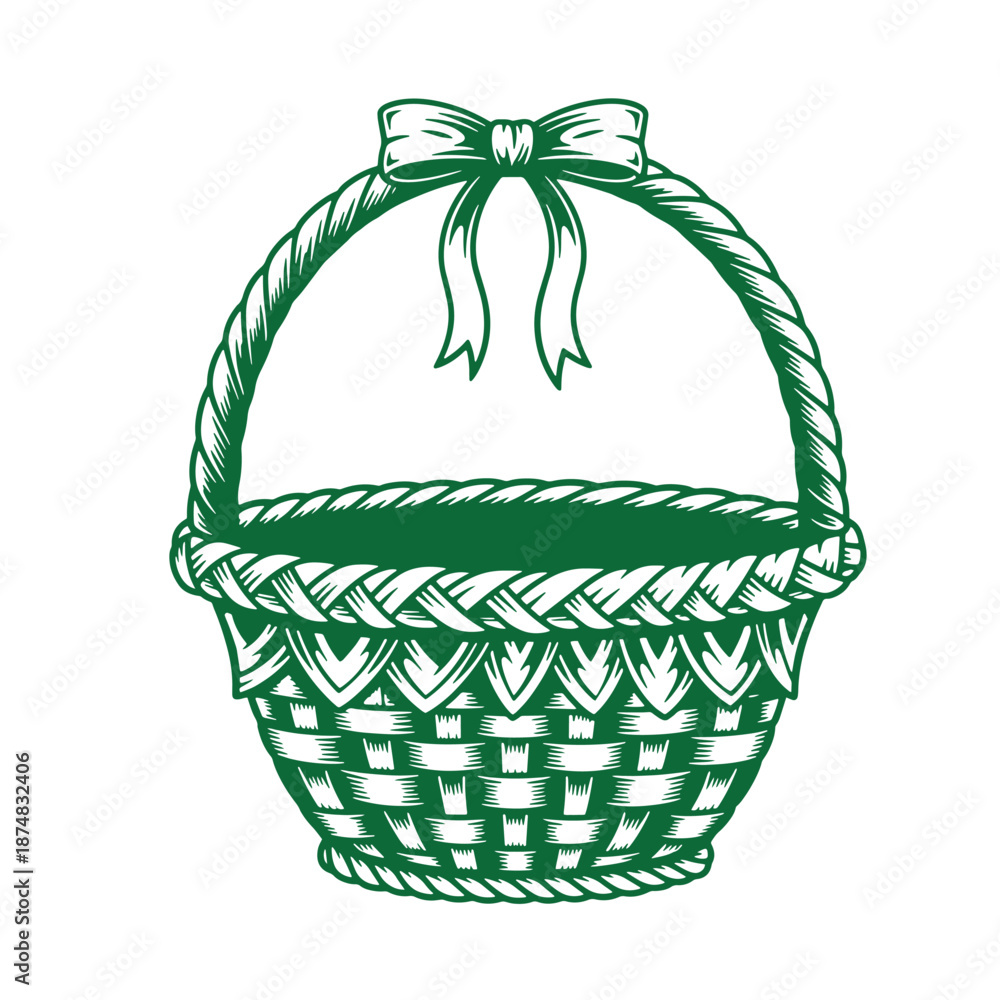Fototapeta premium Green wicker basket with bow handle isolated on transparent background
