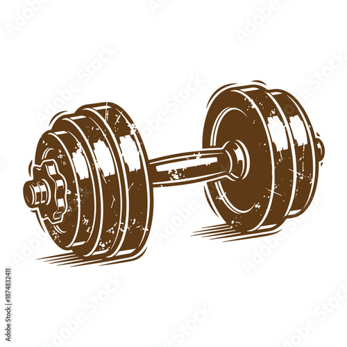 Drawing Vintage Brown dumbbell with weights on both ends for strength training and exercise