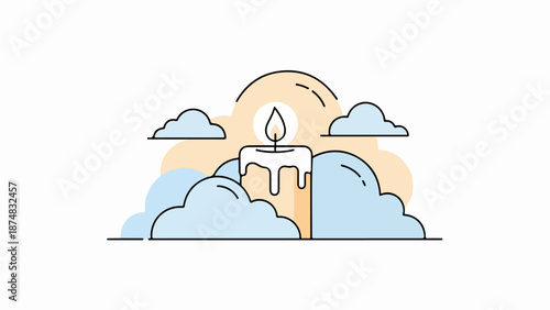 Illustration of a candle with a flickering flame against a pastel cloud backdrop