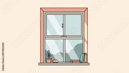 Soft pink-framed window with open upper pane, potted plant, red pebble, and stack of books on ledge