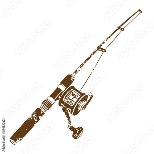 Drawing Vintage brown fishing rod and reel on white background  fishing gear  recreational activity