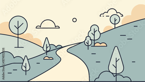 Minimalist landscape illustration with winding path, stylized trees, and peach-toned sky