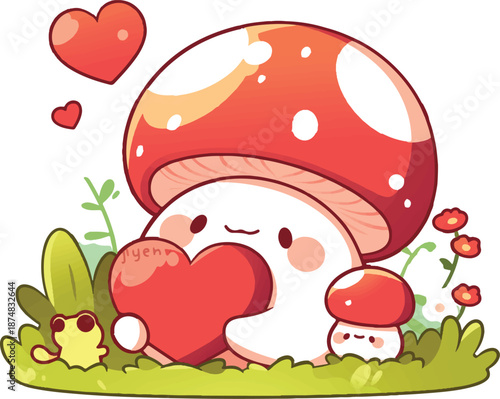 Mushroom of Love: A delightful and whimsical mushroom character joyfully holds a heart, symbolizing affection and sharing love amidst a vibrant, cartoonish scene.