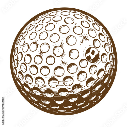 Drawing Vintage Brown golf ball with dimples on white background