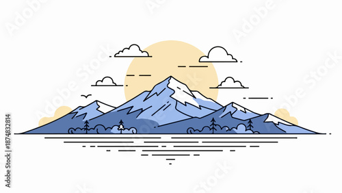Mountain landscape illustration with blue peaks, green trees, and a radiant sun