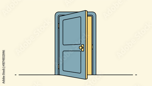 Light blue door with brass doorknob slightly ajar against beige background