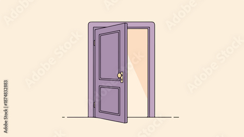 Soft purple wooden door with rectangular panels and round handle slightly ajar in minimalist setting