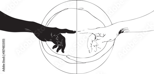Contrast and Unity: A black and white depiction of two hands reaching out to touch, symbolizing the balance and harmony of opposing forces.