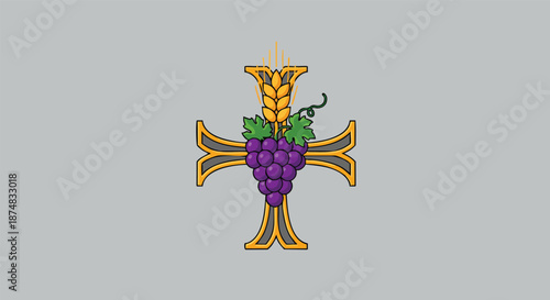 Christian Cross with Grapes and Wheat Symbol