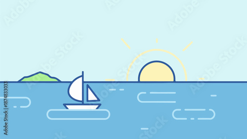 Small sailboat on calm blue water with green hills and sunset in the background
