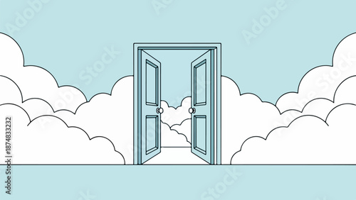 Surreal illustration of an ajar doorway revealing an endless sky with fluffy white clouds