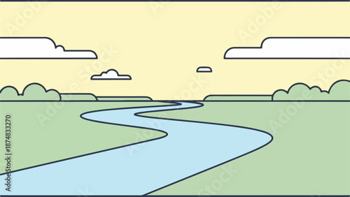 Stylized illustration of a winding river flowing through green grassy banks under a yellow sky with white clouds