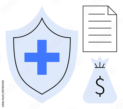 Blue shield with medical cross, document icon, and money bag symbolizing medical insurance, financial security, and healthcare assistance. Ideal for finance, insurance, healthcare, budgeting