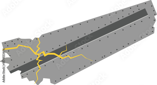 Cracked metal sheet with rivets and broken edges