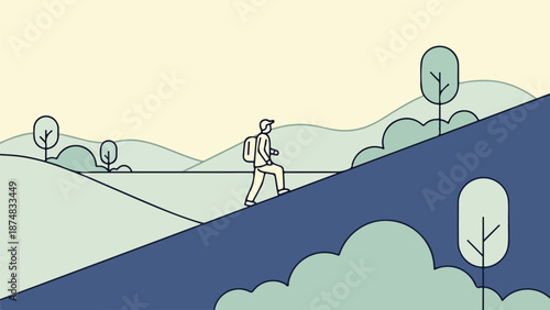 A lone male traveler walks across a dark blue arched bridge in a serene valley landscape with rolling hills and sparse green trees