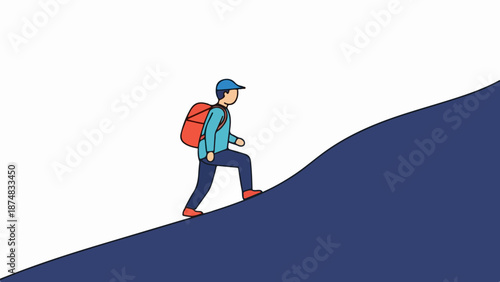 Male traveler hiking up a hill with a red backpack and blue jacket