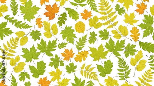 A seamless pattern of diverse leaves in vibrant autumn colors against a white background