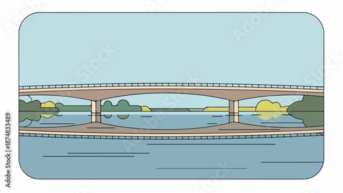 A serene landscape with a bridge spanning a tranquil body of water, surrounded by lush green foliage and a soft blue sky with yellow clouds