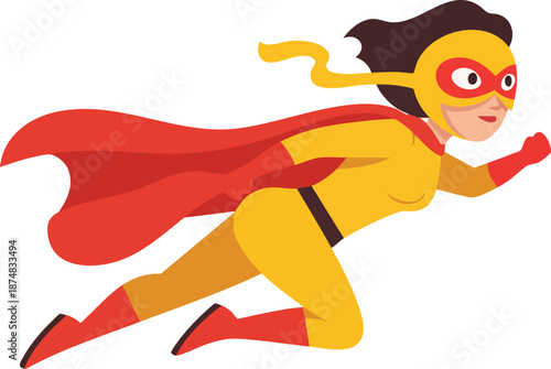 Cartoon woman flying as superhero with cape
