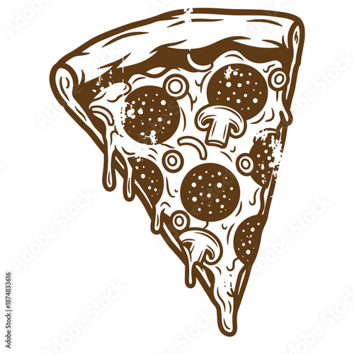 Drawing Vintage Brown pizza slice with mushrooms and cheese isolated on white background