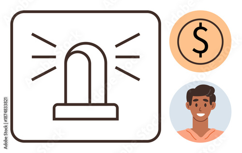 Emergency services, financial warnings, customer support, online notifications, risk management, assistance. A siren icon with light rays, a dollar sign and a smiling person. Emergency services