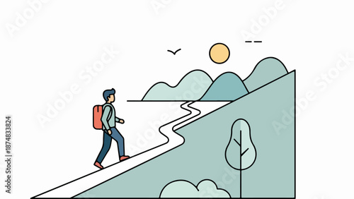 Man hiking on a winding path through mountainous terrain with a red backpack