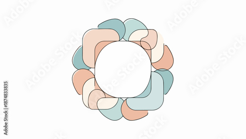 Abstract circular arrangement of pastel petal-like shapes radiating from a central white void