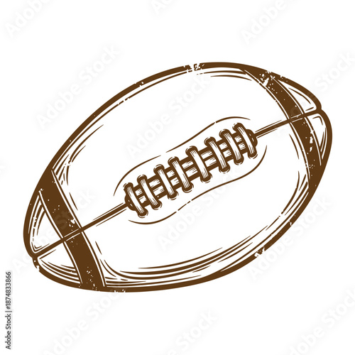 Drawing Vintage Brown rugby ball with laces and leather panels on white background