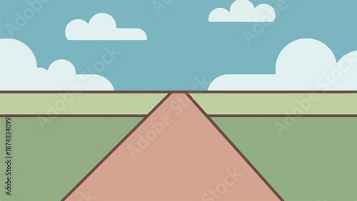Minimalist landscape with blue sky, orange mountain, and green sections under natural daylight