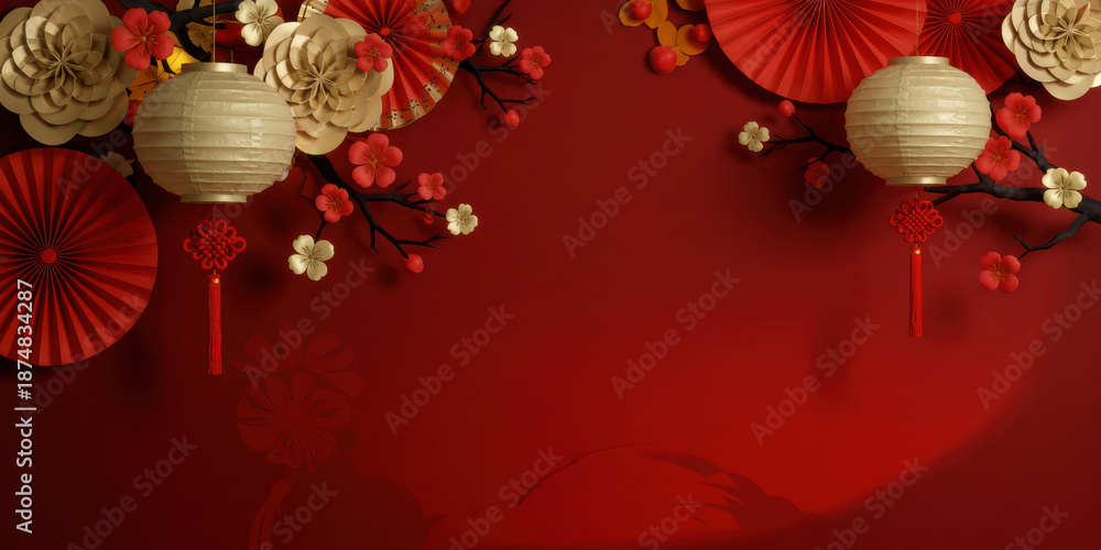 Obraz premium Festive Chinese New Year decorations with traditional lanterns paper fans and plum blossoms on a vibrant red background for celebration and culture
