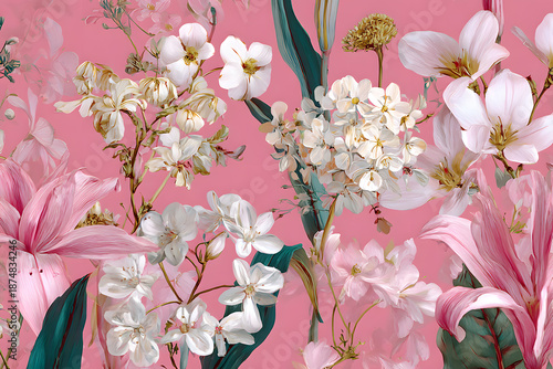 a pink background with white flowers and green leaves