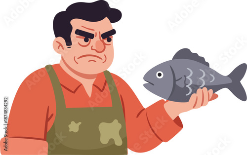 Grumpy man holding a fish cartoon
