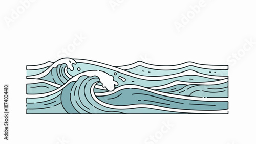 Detailed illustration of ocean waves with blue and green shades and white foam crests