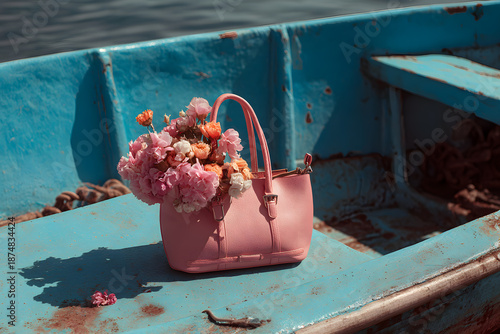 a pink purse sitting on top of a blue boat