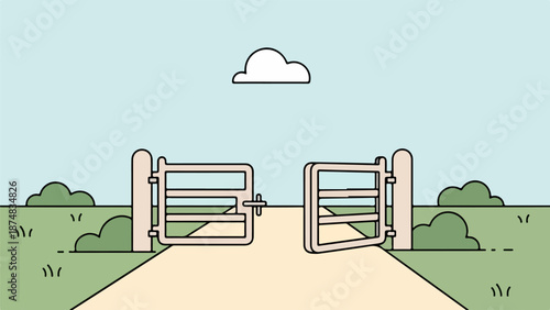 Rural landscape with winding dirt path leading to ajar metal gates and a tranquil field
