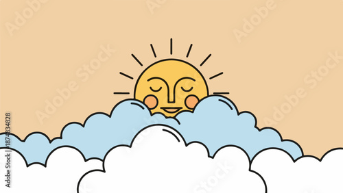 Cheerful smiling sun with golden rays behind a light blue cloud on an orange background