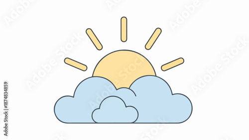 Minimalist illustration of a radiant sun with blue clouds on a neutral sky backdrop