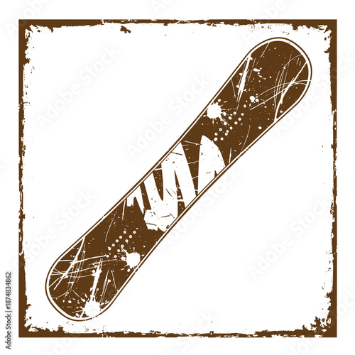 Drawing Vintage Brown snowboard with white design on a distressed square background  sports equipment for winter recreation
