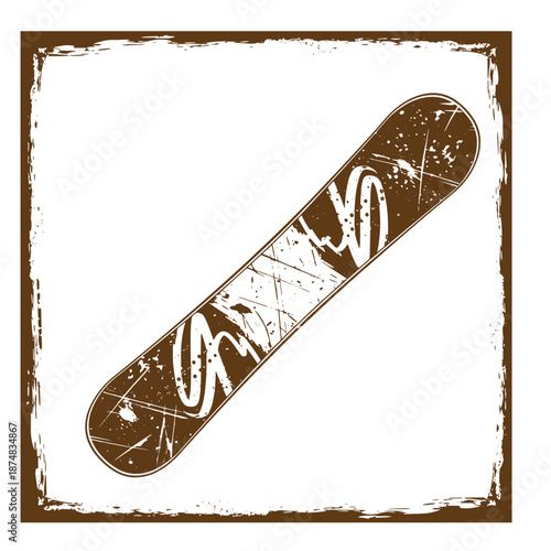 Drawing Vintage Brown snowboard with white design on clean white background in square frame  recreational winter sports equipment