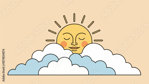 Minimalist illustration of a smiling sun peeking from behind light blue clouds on a peach background