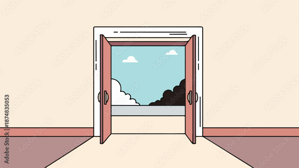 Fototapeta premium Minimalist interior with open doorway revealing serene outdoor landscape with mountains and sky