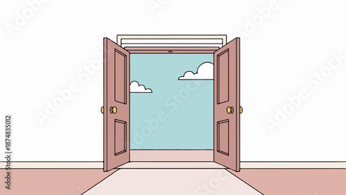 Minimalist interior with partially open pinkish-brown double doors and light blue walls with white clouds on ceiling