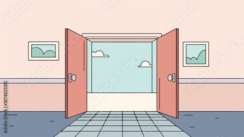 Illustration of an indoor space with an open doorway leading to a bright sky with clouds