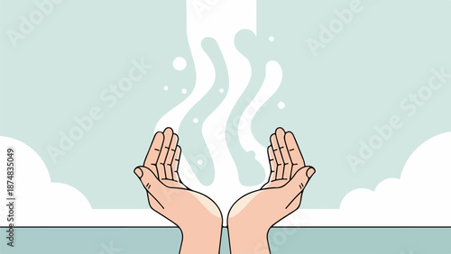 Minimalist illustration of hands with palms upward against a serene gradient sky with clouds and steam