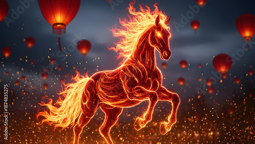 Fiery Horse galloping through a night sky filled with glowing lanterns, symbolizing power and good fortune