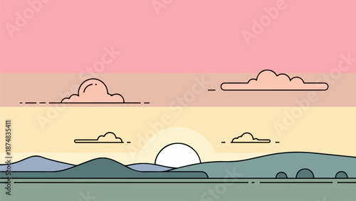 Landscape illustration with teal water, rolling hills, and pastel sky