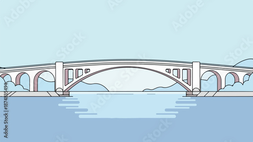 Light pink bridge with multiple arches spanning a calm blue body of water