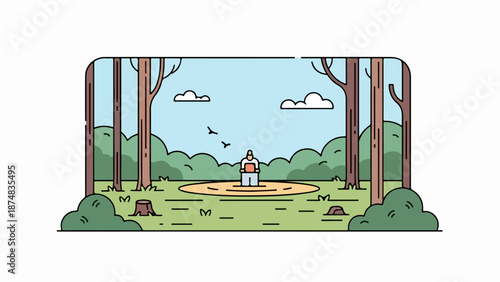 A serene forest scene with a female figure in a clearing, surrounded by tall trees and rolling hills under a light blue sky